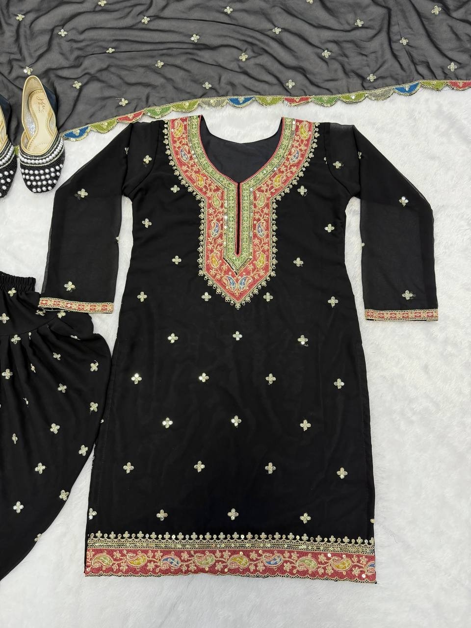 Fashionable Heavy Faux Georgette Black Top Dhoti With Dupatta For Women Wear