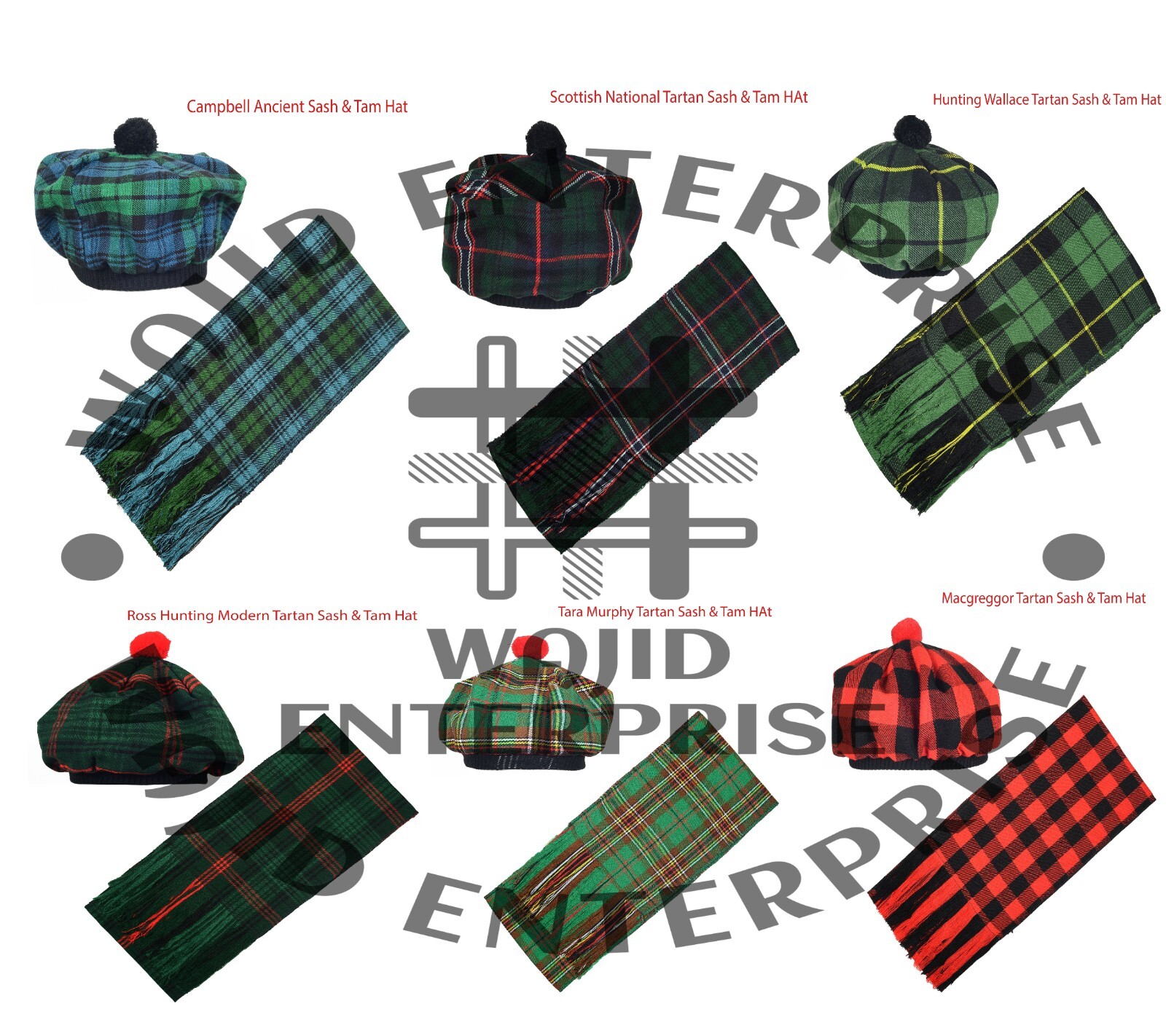 Acrylic Tartan Fabric Check Scarf/Cap Tam O Shanter Hat and Scarf Set 40 +Colors