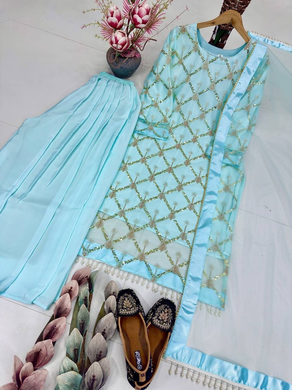 New Designer Heavy Soft Net Sky Blue Top Palazzo With Dupatta For Function Wear