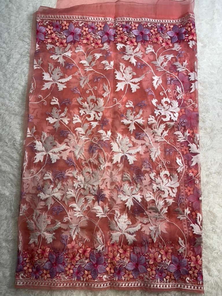 Organza Muslin Embroidery Saree – Elegant Floral Work, Soft Lightweight