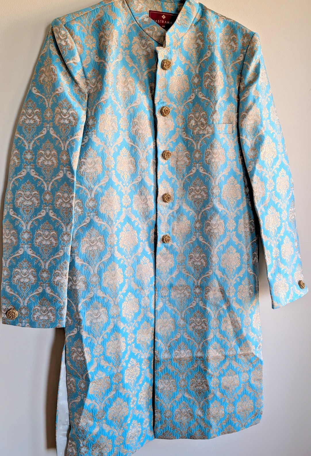 Sherwani Indo Western Set Aqua Gold Mandarin Neck Party Wedding Wear 42 “x 21”