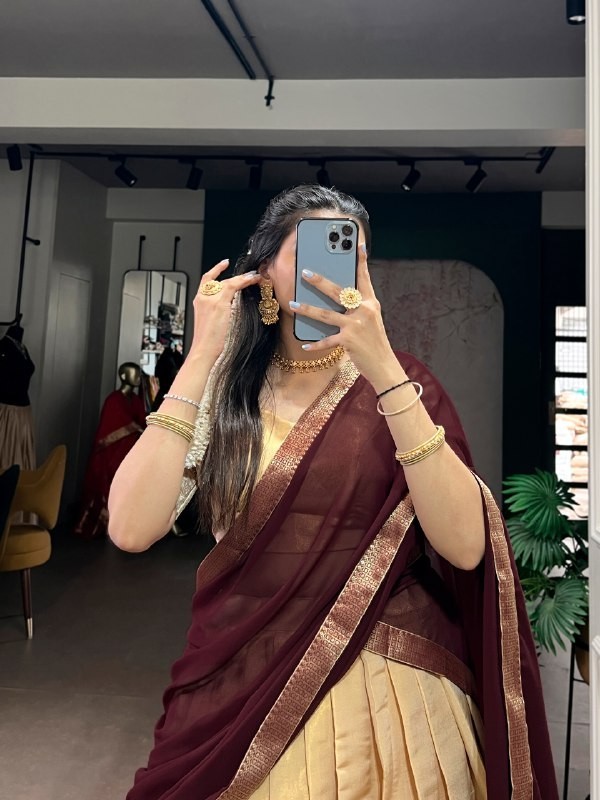 New Launching Kanchipuram Cream Lehenga Choli With Dupatta For Function Wear