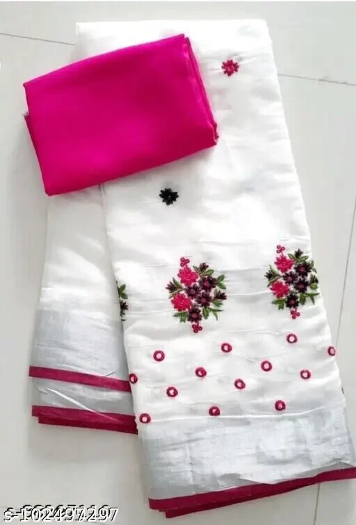 Women ‘ S Chanderi Silk Saree Solid Embroidered Saree with Separate Blouse Piece