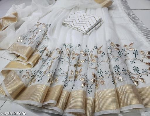 Women’s COTTON WHITE Embroidered Saree with Blouse