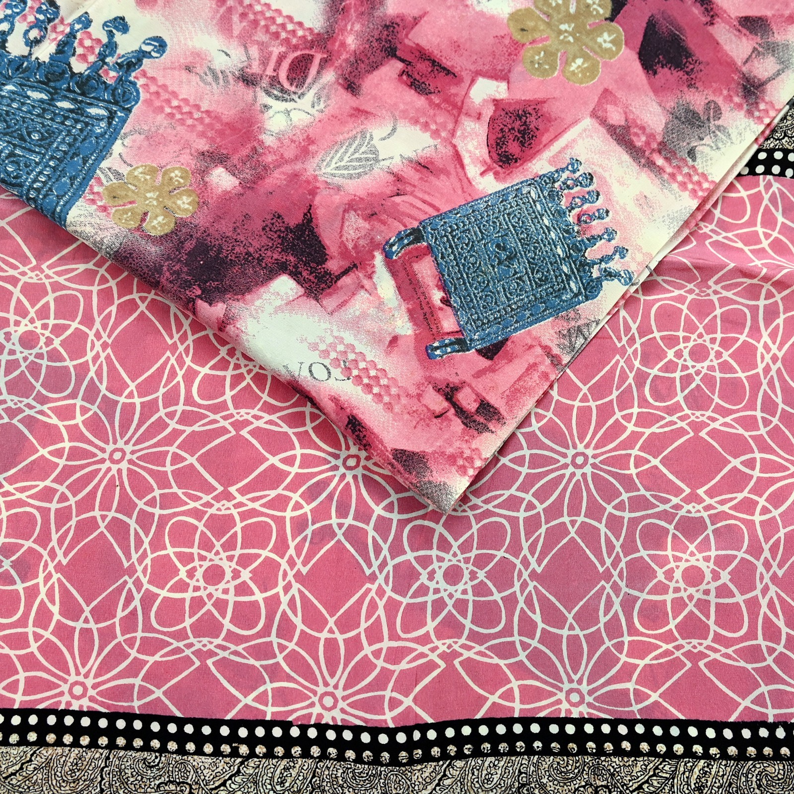 Vintage Pink & Ivory Saree Pure Crepe Silk Printed Sari Craft Fabric 5yd Sewing