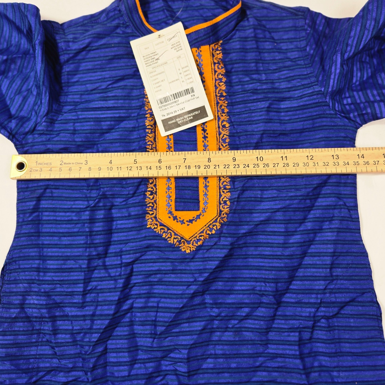 Vintage Aarong Bangladesh Boy Kurta Silk Cotton Blend Blue Orange Embroidered