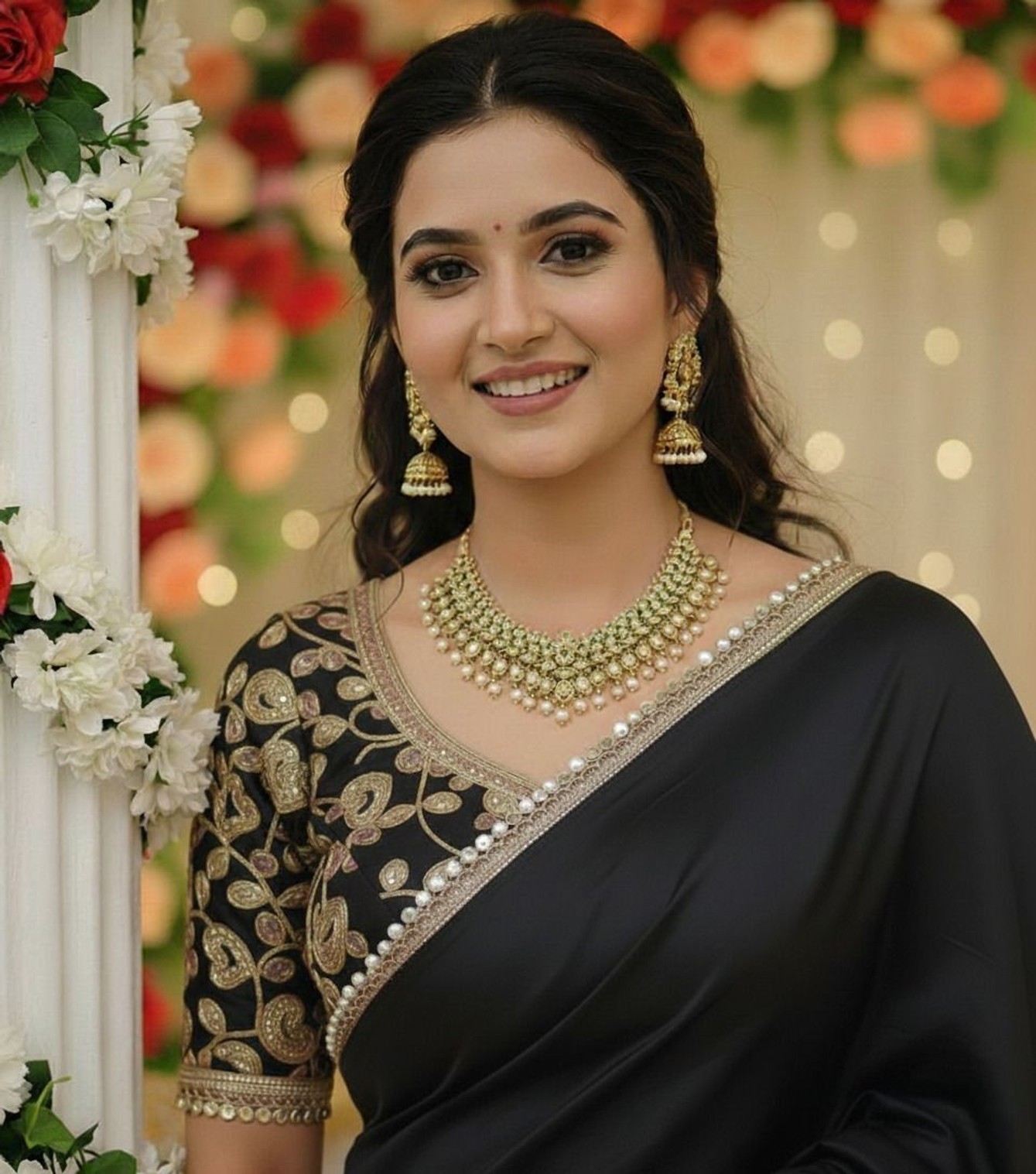 Embroidered Satin, Silk Blend Saree With Stitched Blouse (black)