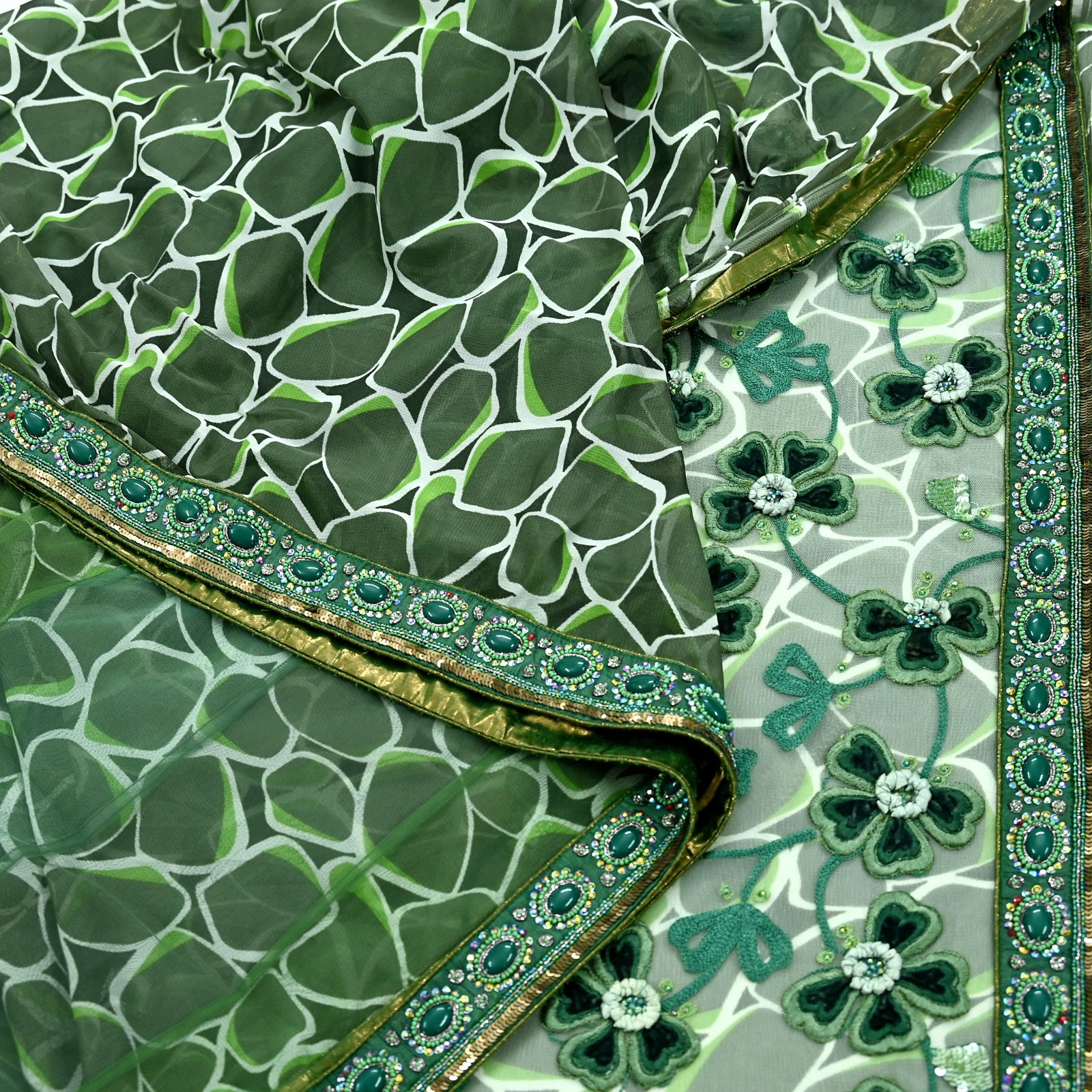 Vintage Heavy Sari Green Net/Mesh Hand Embroidered Sarees Fabric 5Yd Ethnic