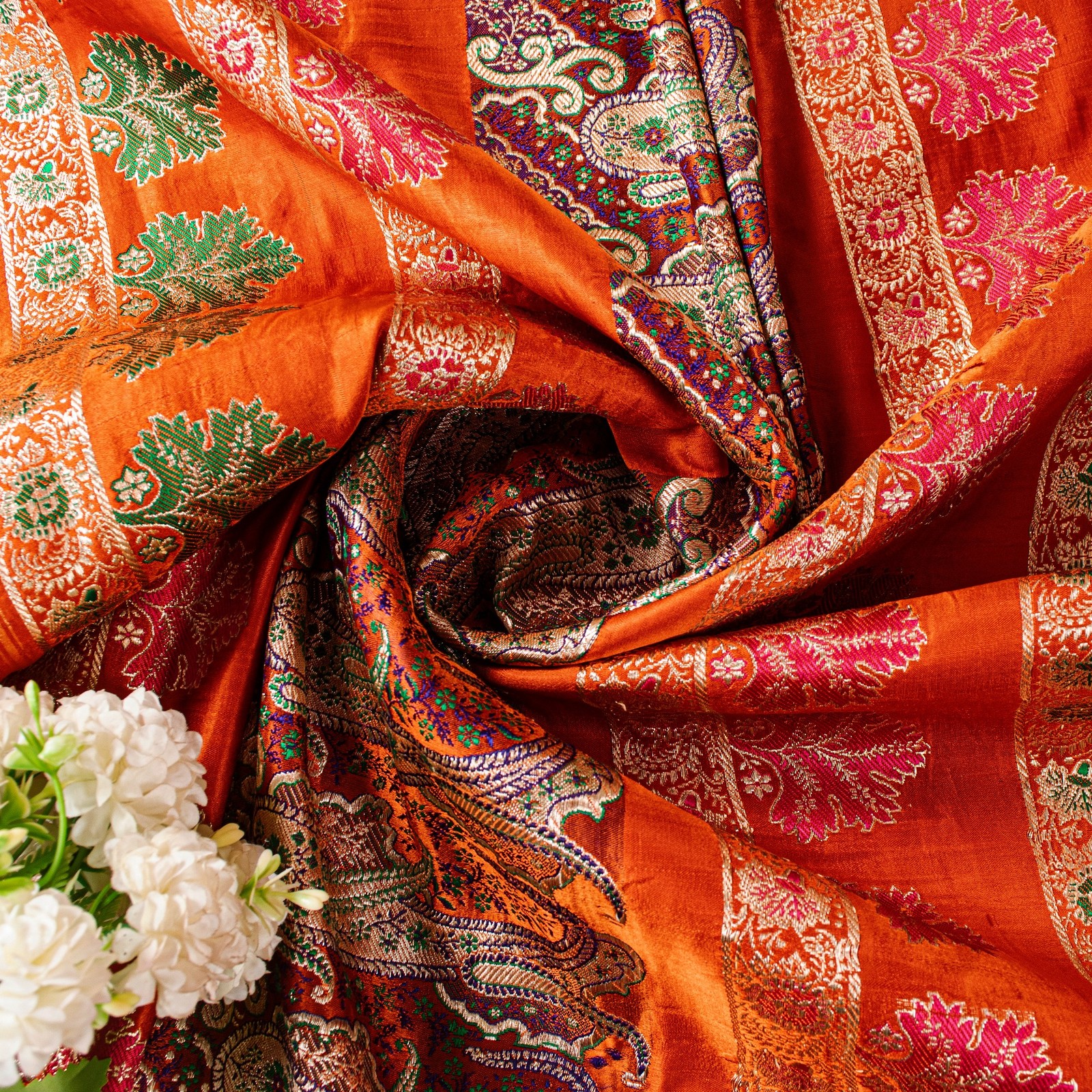 Sanskriti Vintage Orange Pure Satin Sarees Banarasi Brocade Hand Woven 5+Yd Sari