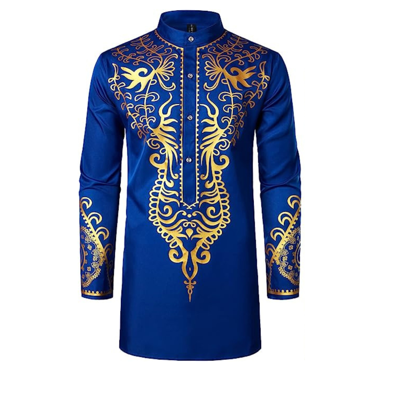 LucMatton Men’s X-Large Long Sleeve Royal Blue and Gold Print Traditional Tunic