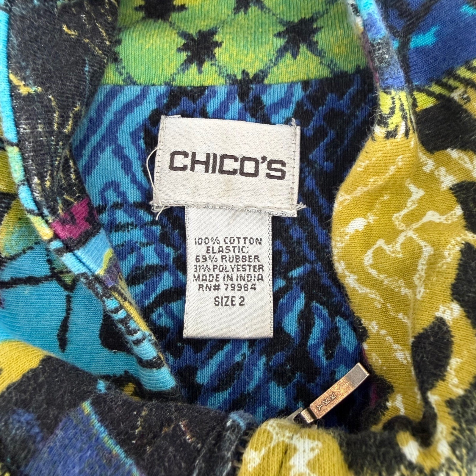 Vintage Chicos Jacket Art To Wear 100% Cotton Asian Buddha Blue Purple 2 Large