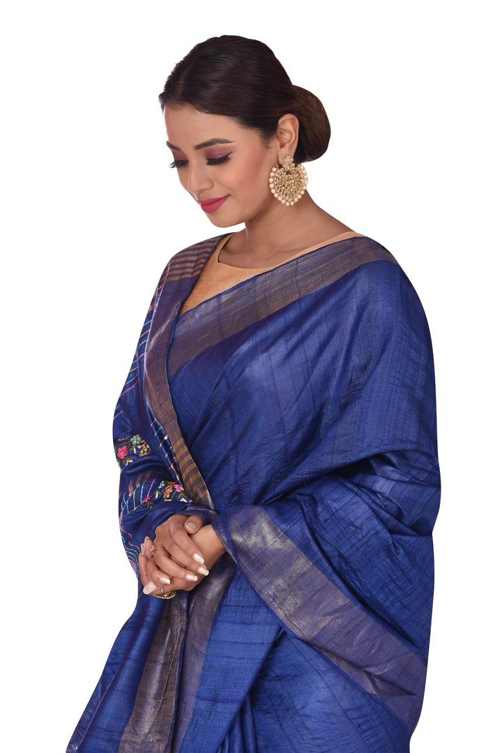 Indigo Blue Tussar Silk Saree sari party wear For Women With Floral Embroidery