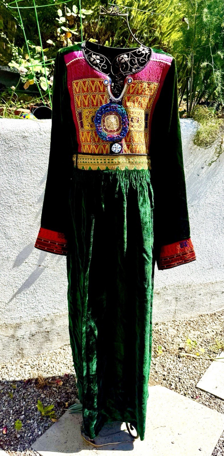 Vtg 1970s Afghani KUCHI Tribal VELVET Ceremonial MAXI DRESS Hand Embroidered SM