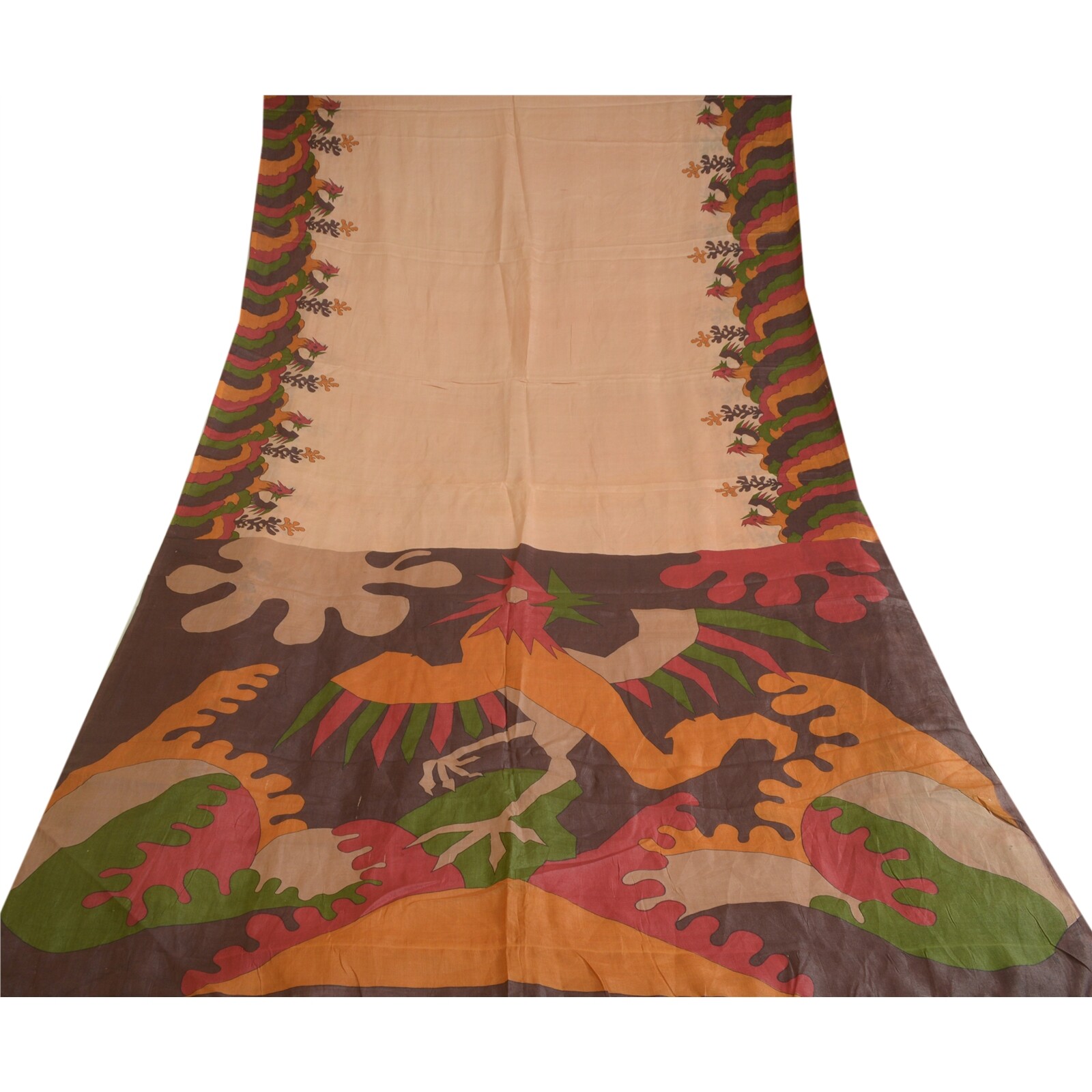 Sanskriti Vintage Sarees Light-Brown 100% Pure Silk Printed Sari Craft Fabric