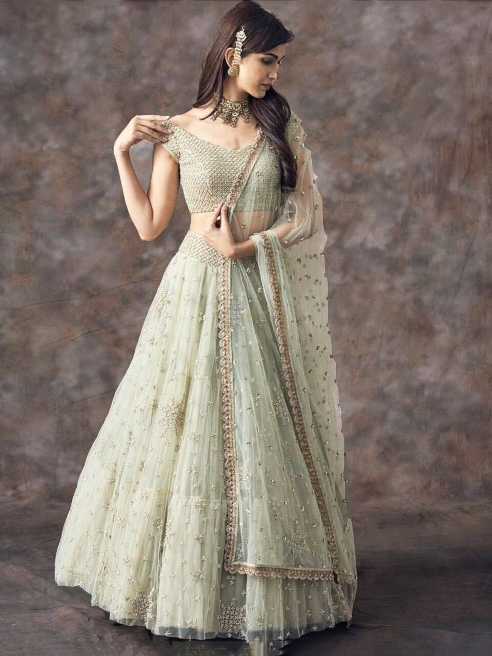 Beautiful light pista green soft Net lehega choli for any party or event