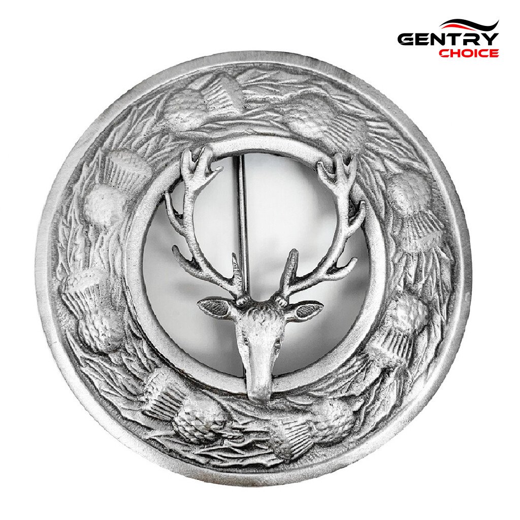 Traditional Men Stag Head Mounted Fly Plaid Brooch Silver Scottish Sash Brooch