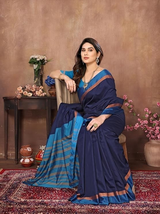 Women’s Striped Pattern Cotton Silk Saree and Unstitched Blouse Piece