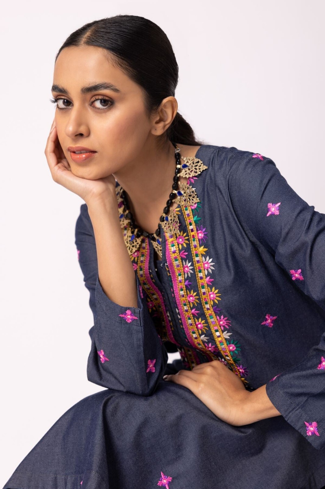 NWT KHAADI Sizes 14, 10 Embroidered Denim Kameez Fall Winter Pakistani Designer
