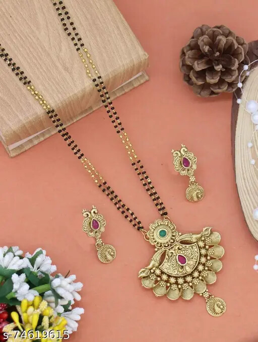 Gold Plated Trendy Mangalsutra Indian Women Married Black Bead Fashion Jewelry