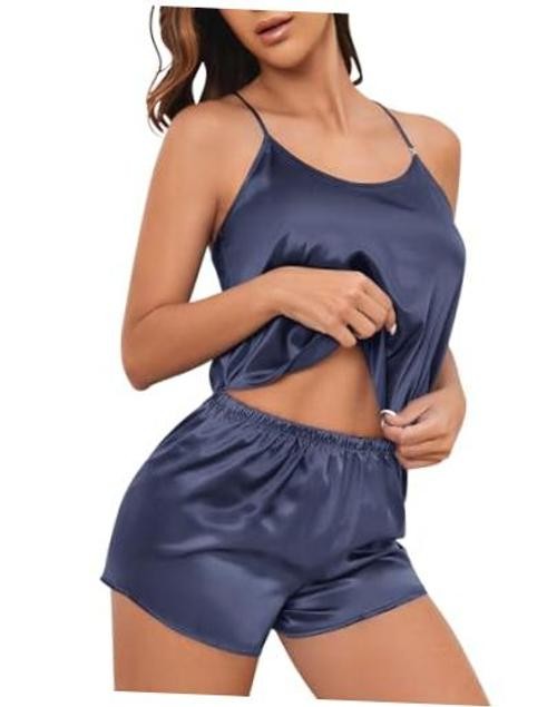 Silk Satin Pajamas Set for Women T-back Lingerie Pjs Cami Top Small Navy Blue