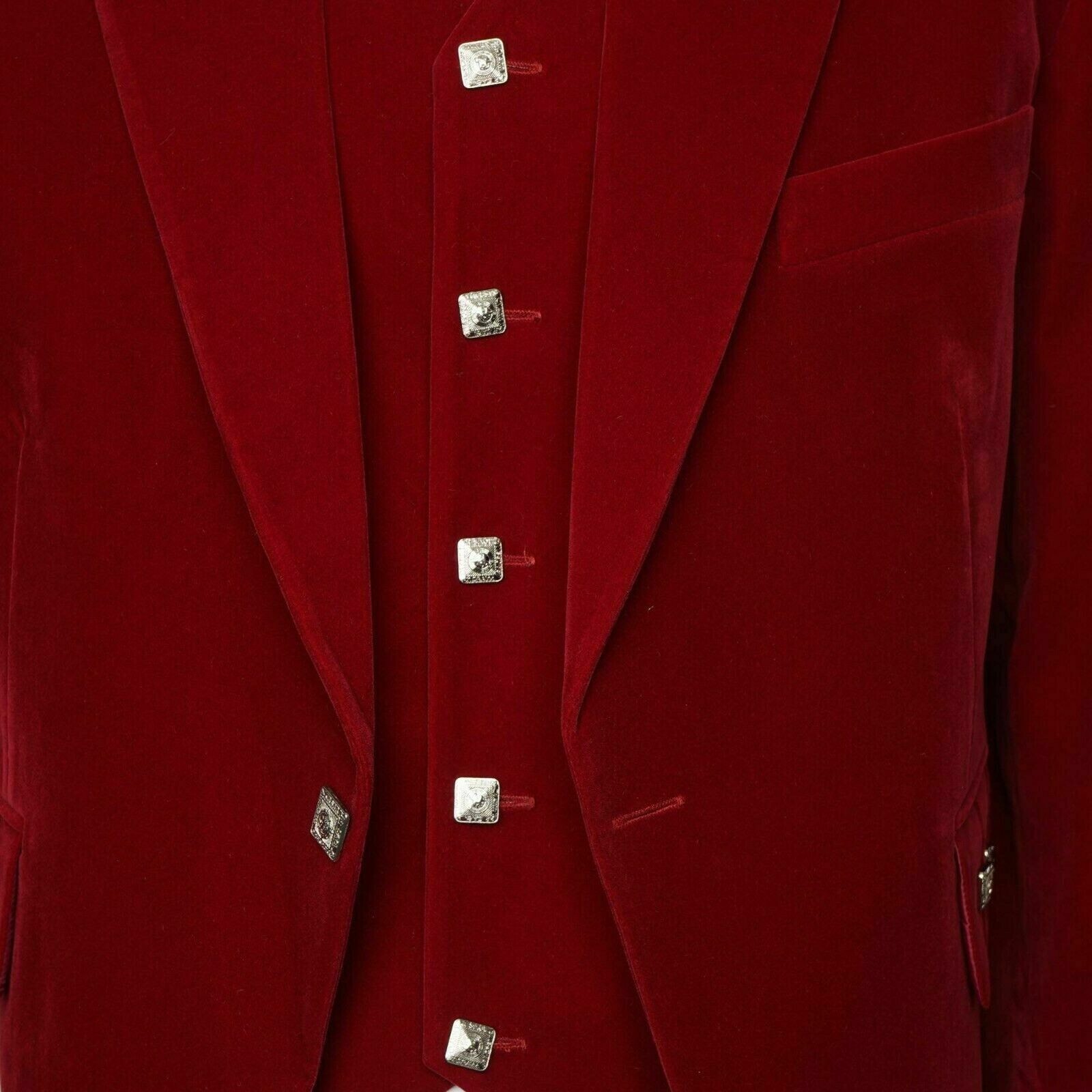 Men’s Scottish Red Velvet Prince Charlie Jacket 5 Button Vest Kilt Jacket