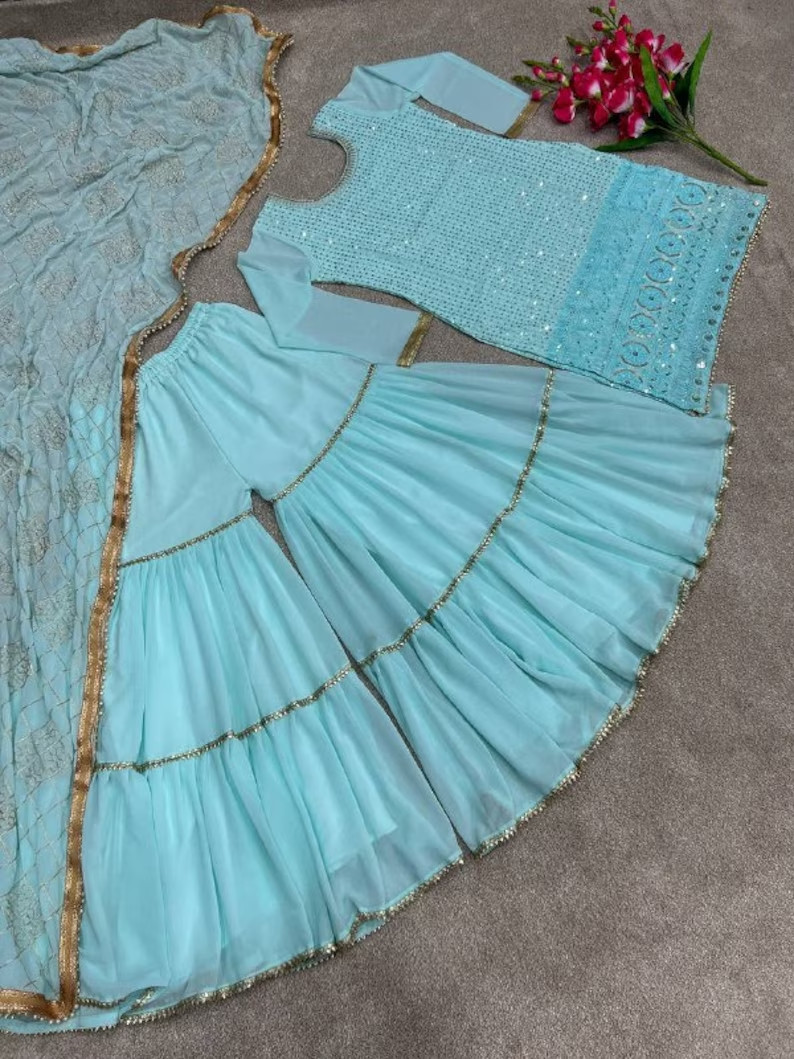 Latest Stunning Sky Blue Faux Georgette Palazzo Suit And Dupatta For Engagement