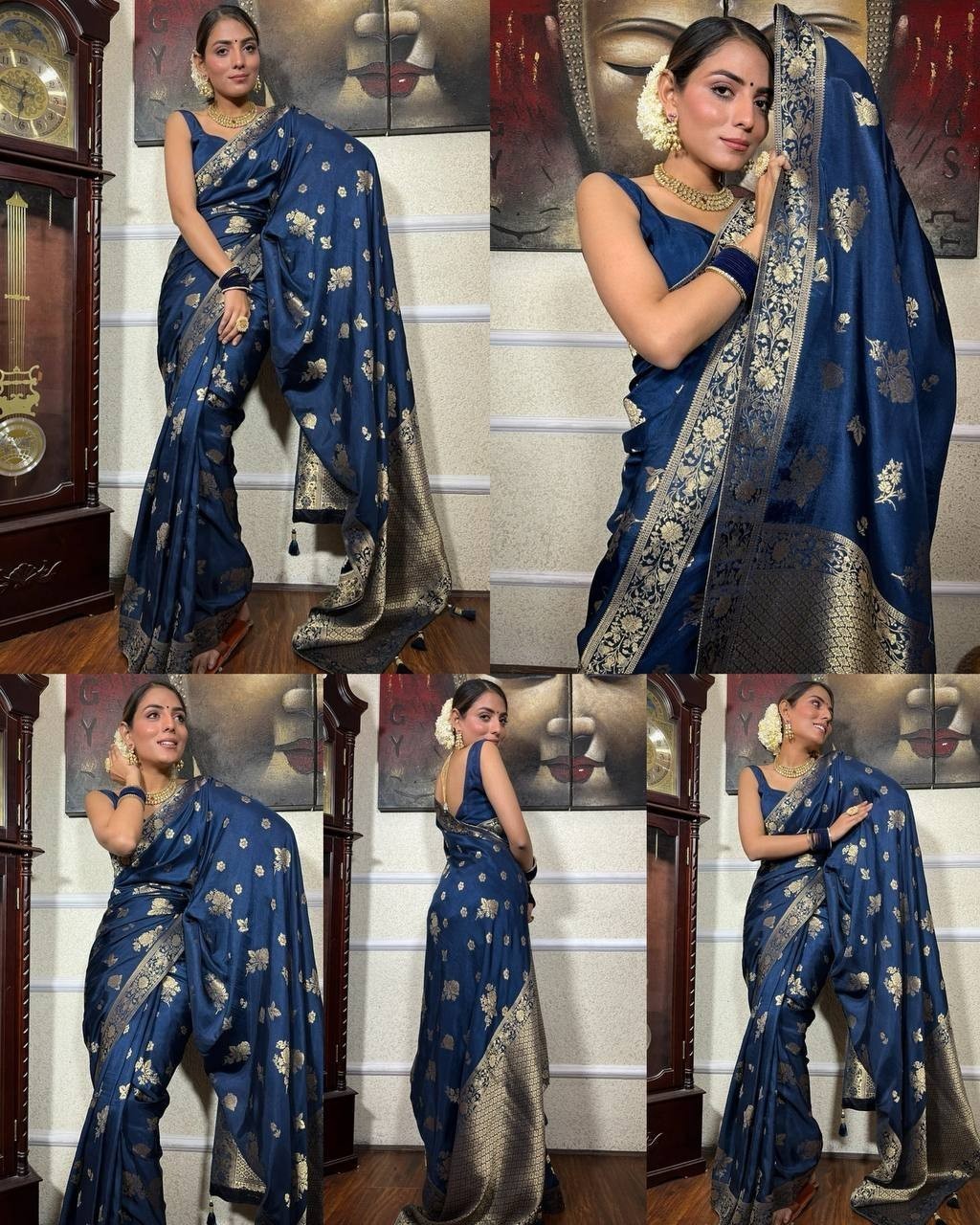 Soft Lichi Silk Sari Beautiful Rich Pallu & Jacquard Work Saree With Blouse New
