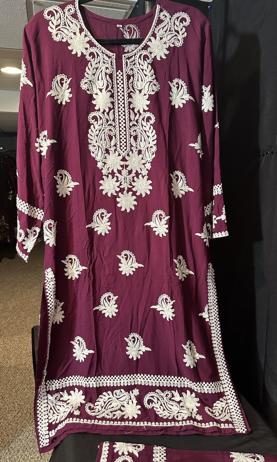 Beautiful soft linen Front & back emb-3 pc suit-emb plazo, laced dupatta-$44