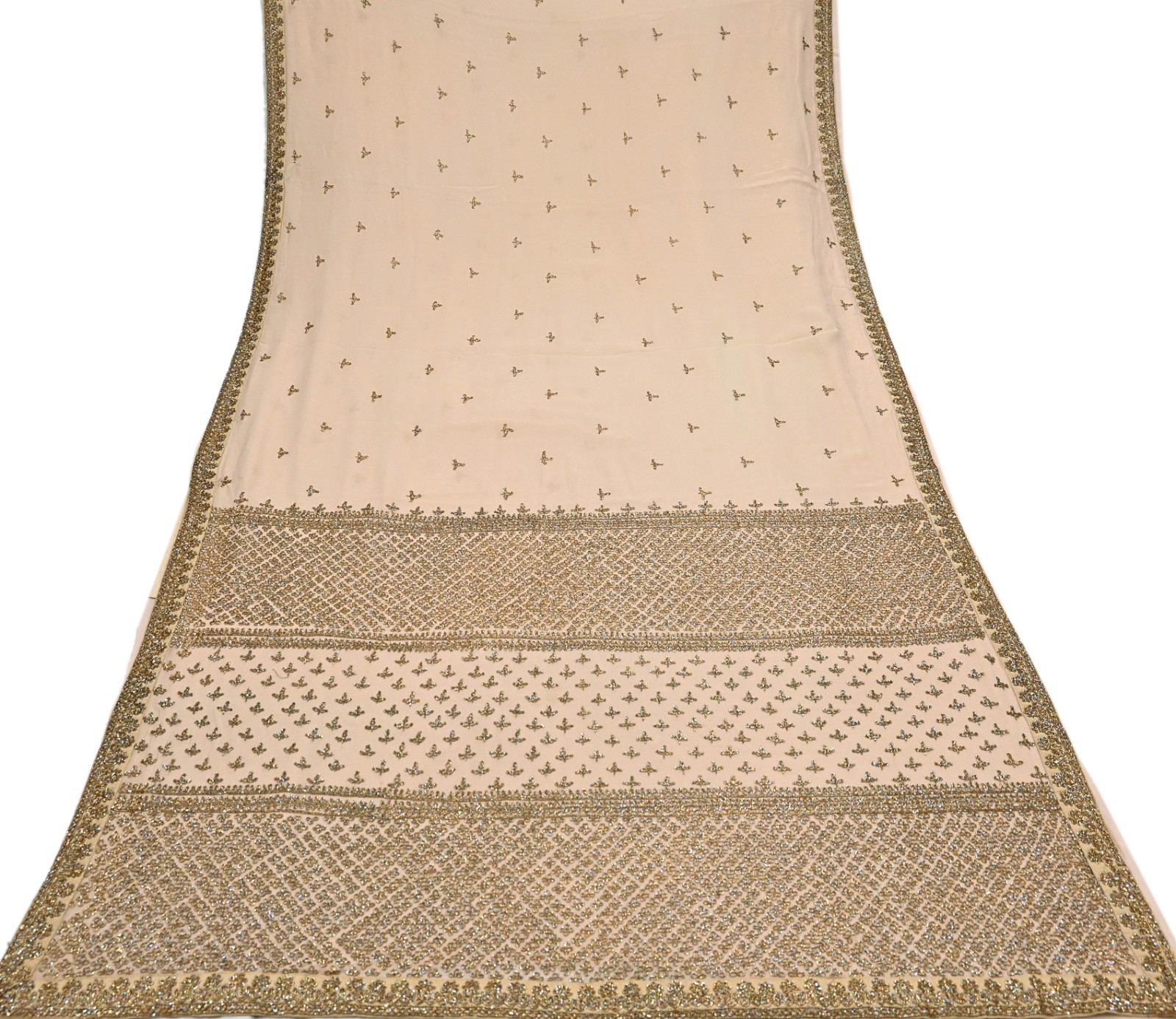 Rare Vintage Beige Georgette Silk Hand Embroidered Designer Sabyasachi Saree 6yd