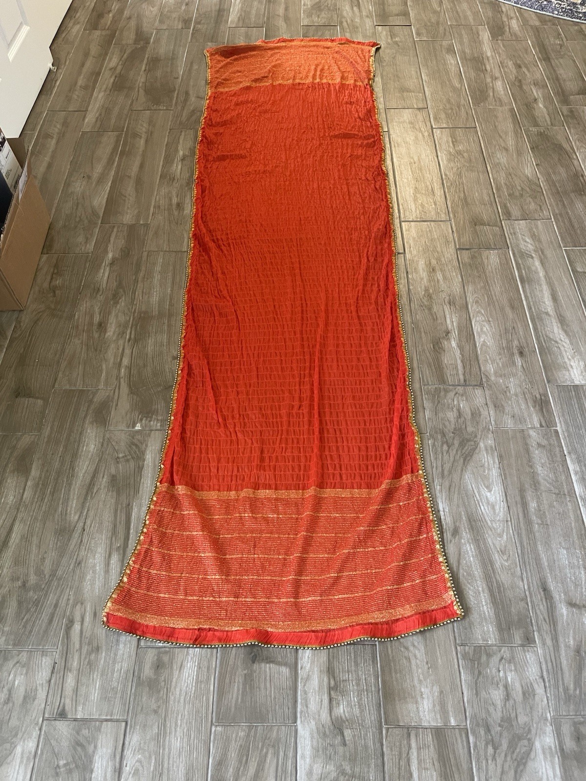 Orange Duppatta Golden Thread And Beads 1”area Missing Beads Photo 28×91