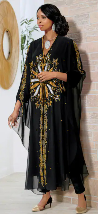 Ashro Black Gold Ethnic African American Pride Beaded Enchanted Long Caftan