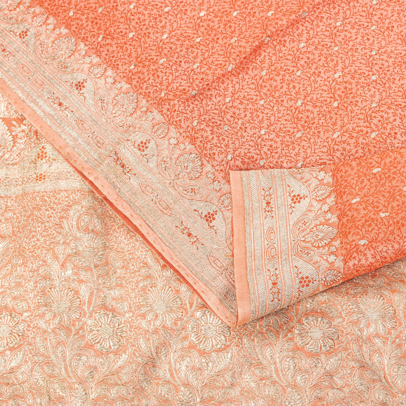 Sanskriti Vintage Coral Pure Satin Sarees Banarasi Brocade Zari Hand-Woven 5+Yd