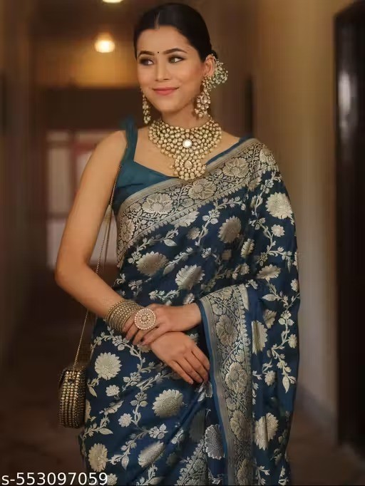 Indian Women’s Banarsi Silk Saree With Unstitched Blouse Festive Party Wear Sari