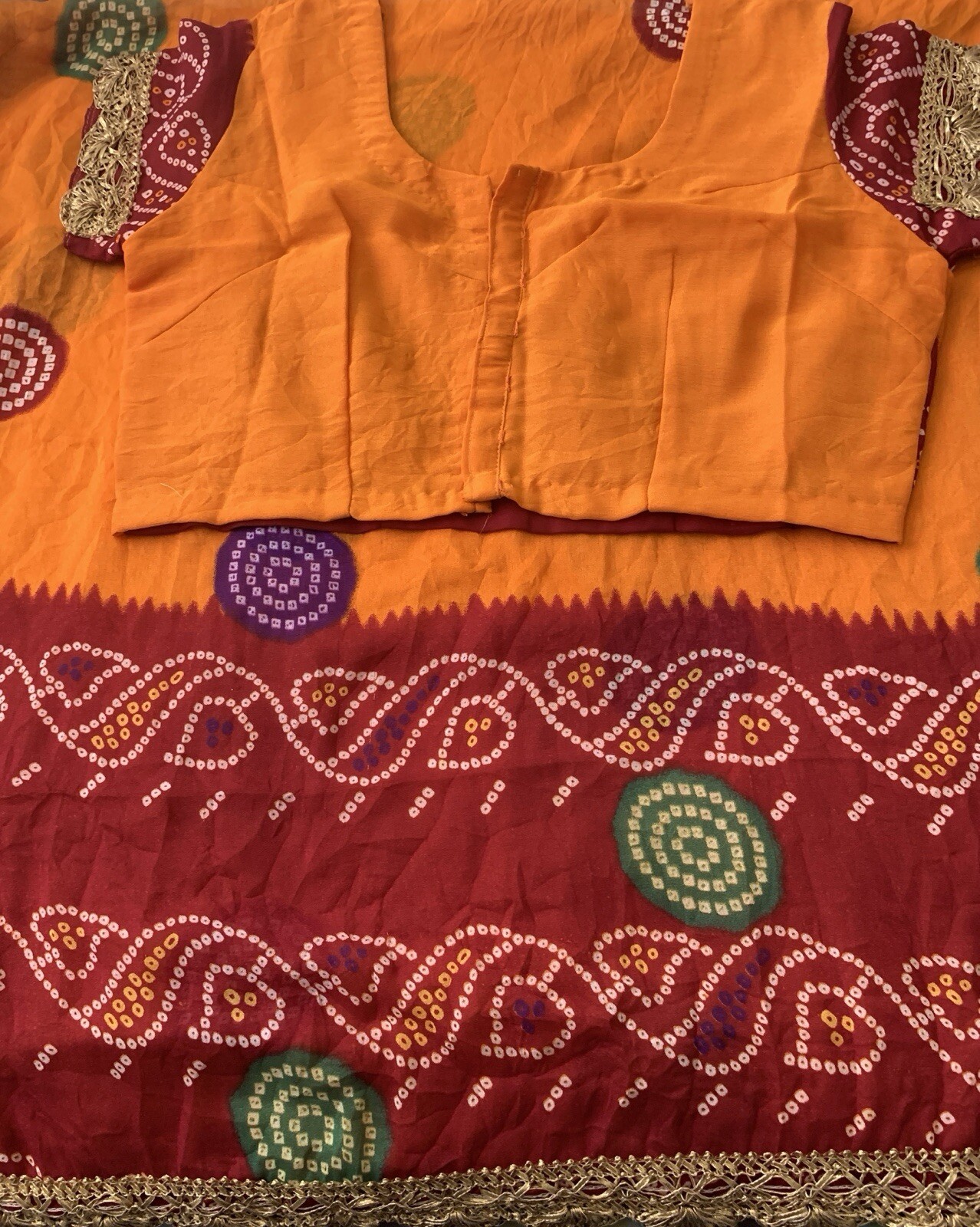 Orange and Dark Maroon/Red Tie and Dye Crepe Saree with Gold Lace Border