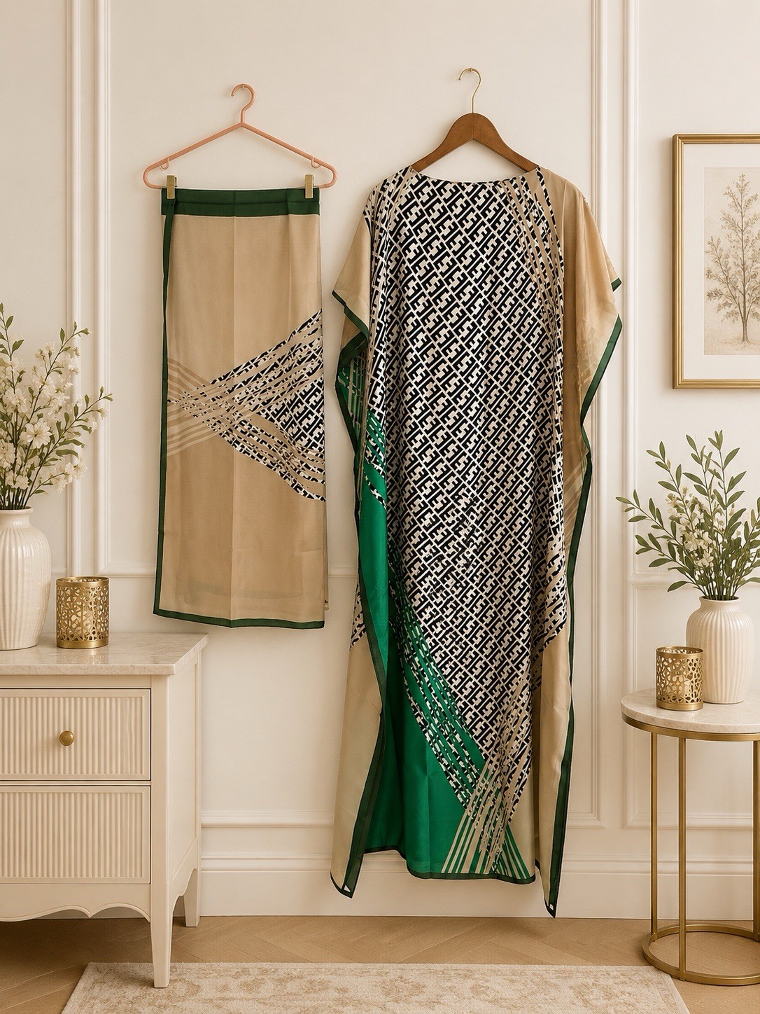 Long silky satin slip Kaftan Dress Geometric with scarf Boat Neck One Size