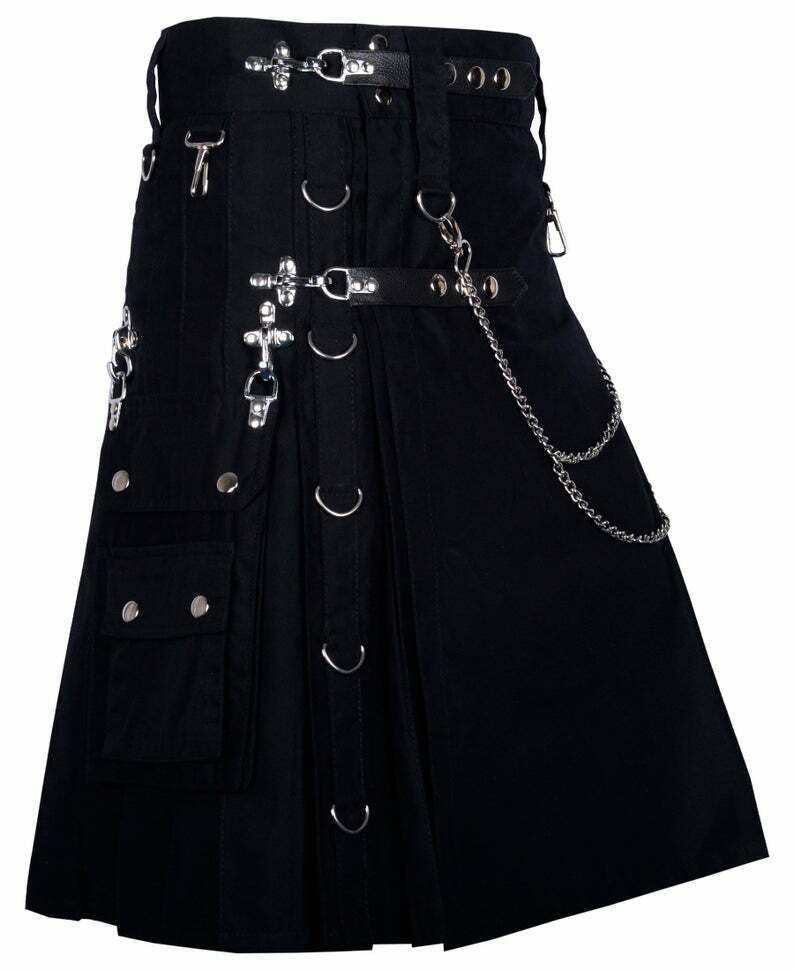 Scottish Fashion Modern KILT Black Cotton Men’s Gothic KILT Goth Utility KILT