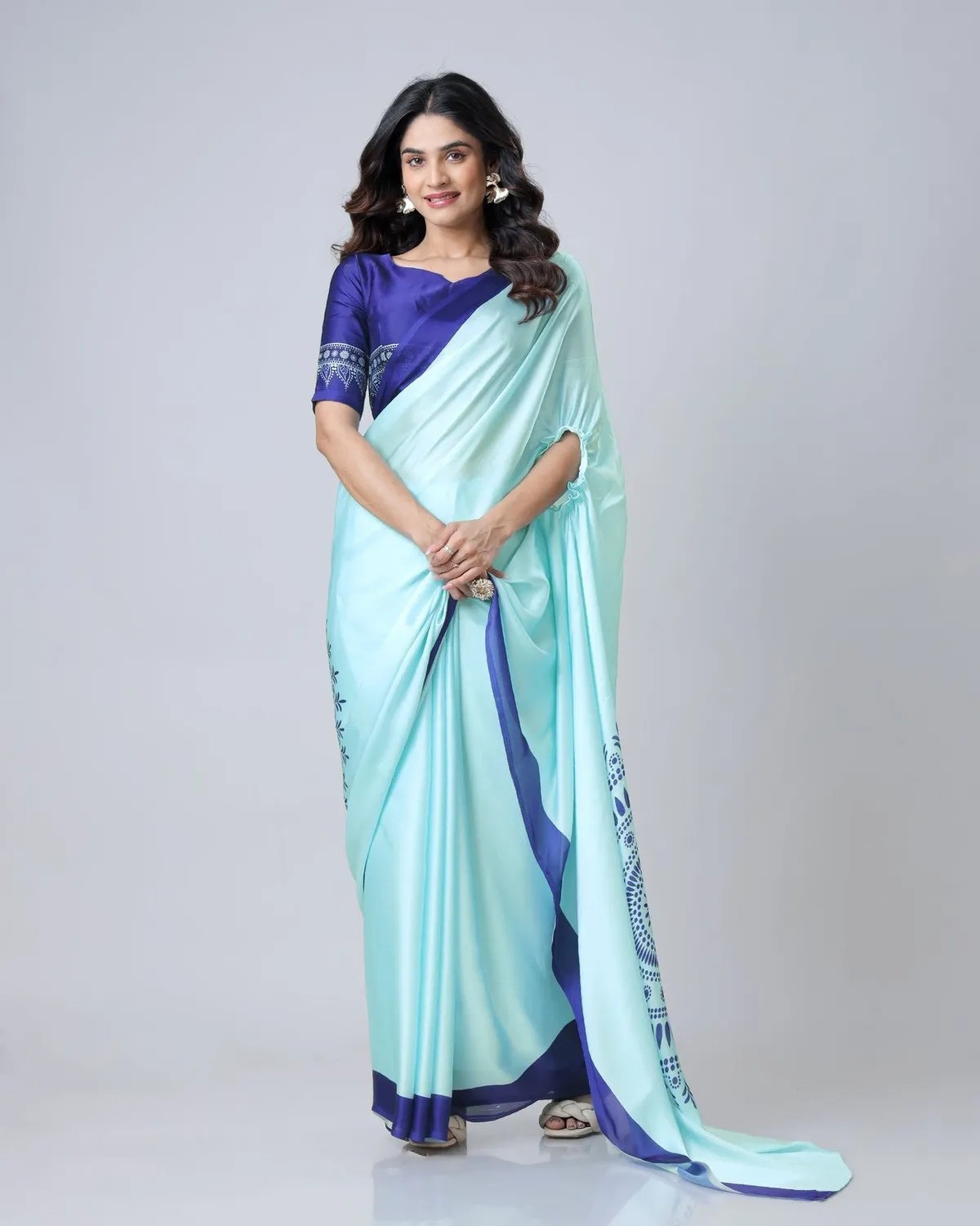 Women Blue Free Hand Mandala Art Print Satin Silk Saree with Unstitched Blouse