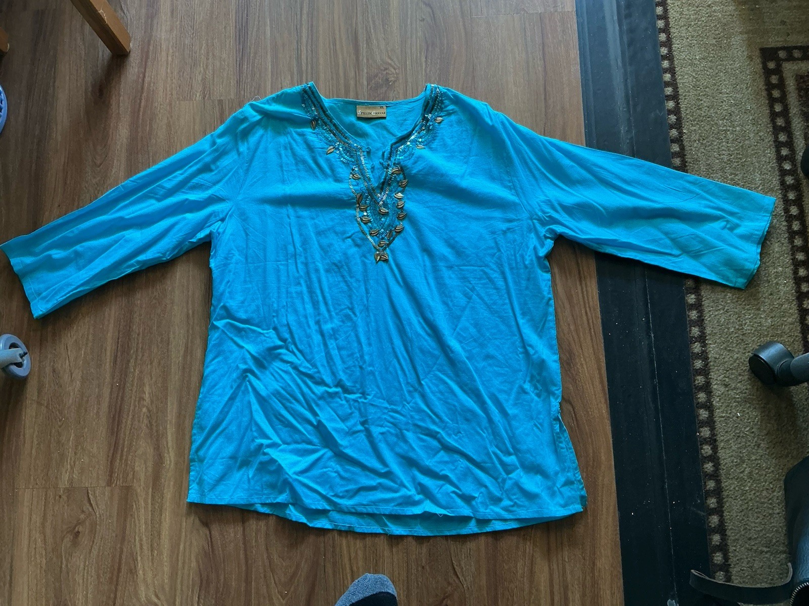 Long sleeve Blue Cotton Kurta Kurti Top Leaf Trinkets, 46” Bust 28” Long, New