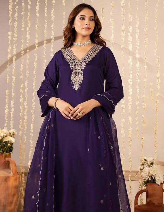 Women Embroidery Solid Anarkali Kurta and Pant Set with Dupattas