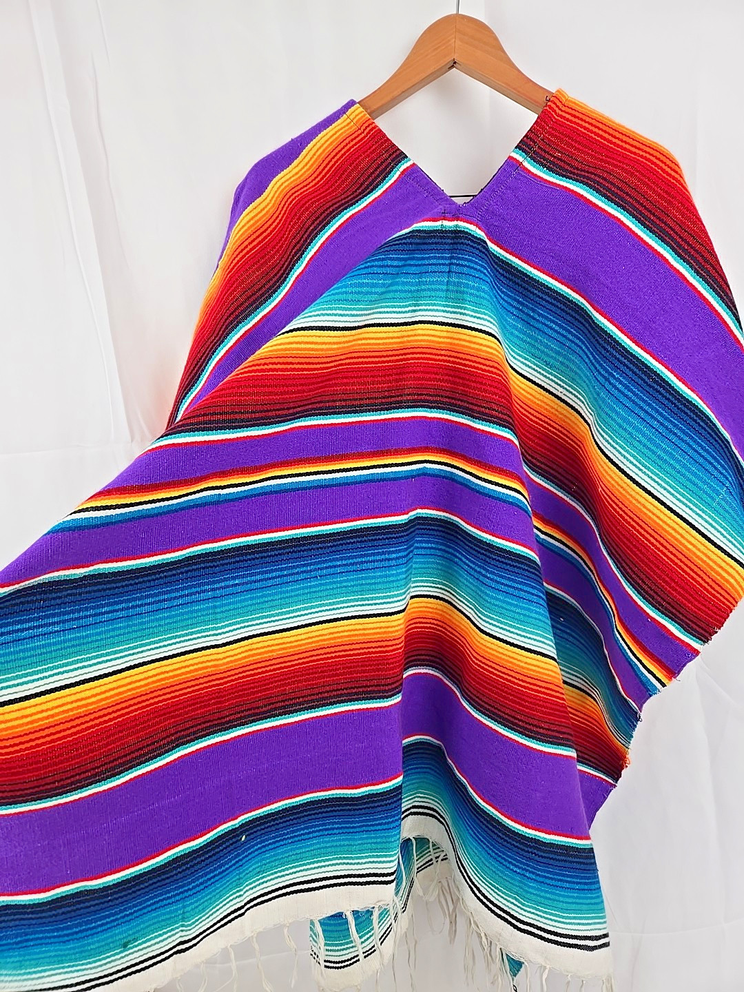 Colorful Poncho Shawl Rainbow Made in Mexico 25 x 59″