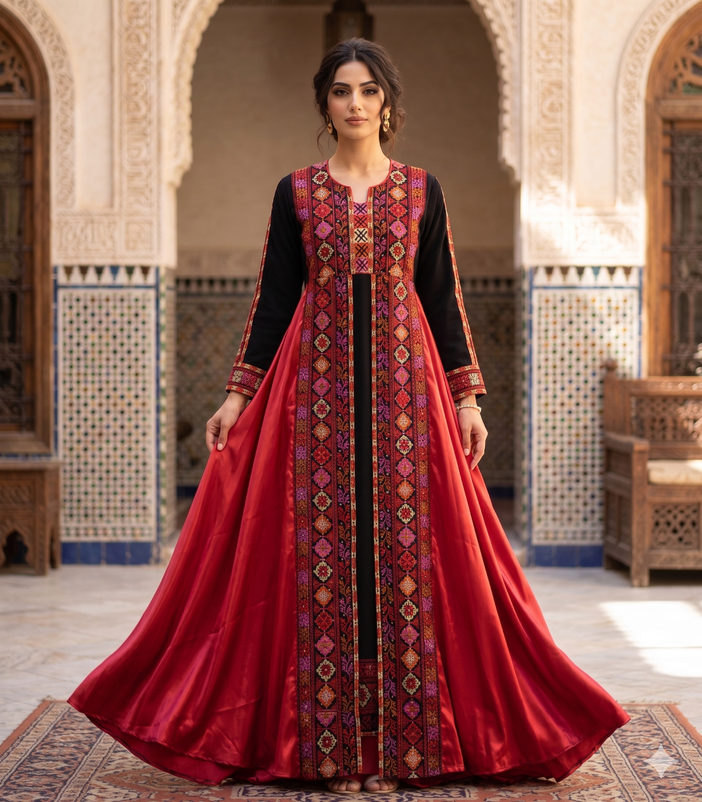 Palestinian Tatreez Thobe Black Red Satin Bedouin Embroidered Kaftan