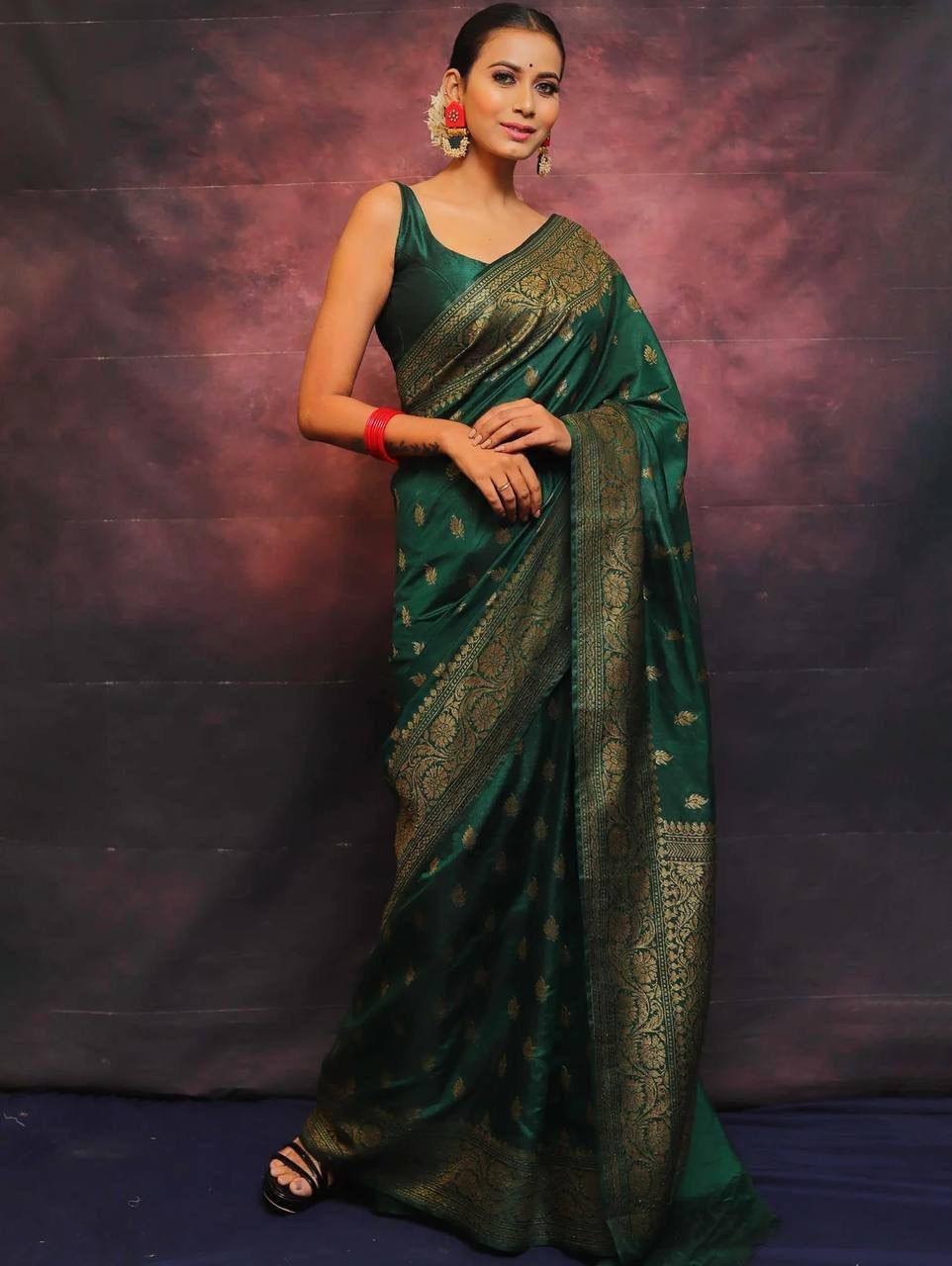 Wedding Wear Green Lichi Silk Saree with Golden Jacquard Pallu & Indian Blouse