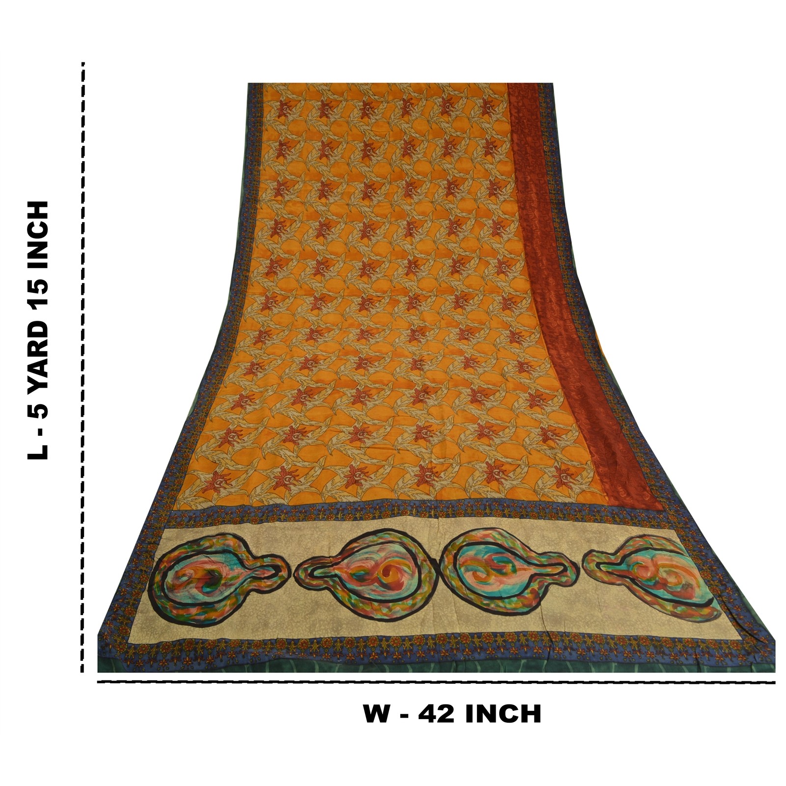 Sanskriti Vintage Sarees Saffron Pure Crepe Silk Floral Print Sari Craft Fabric