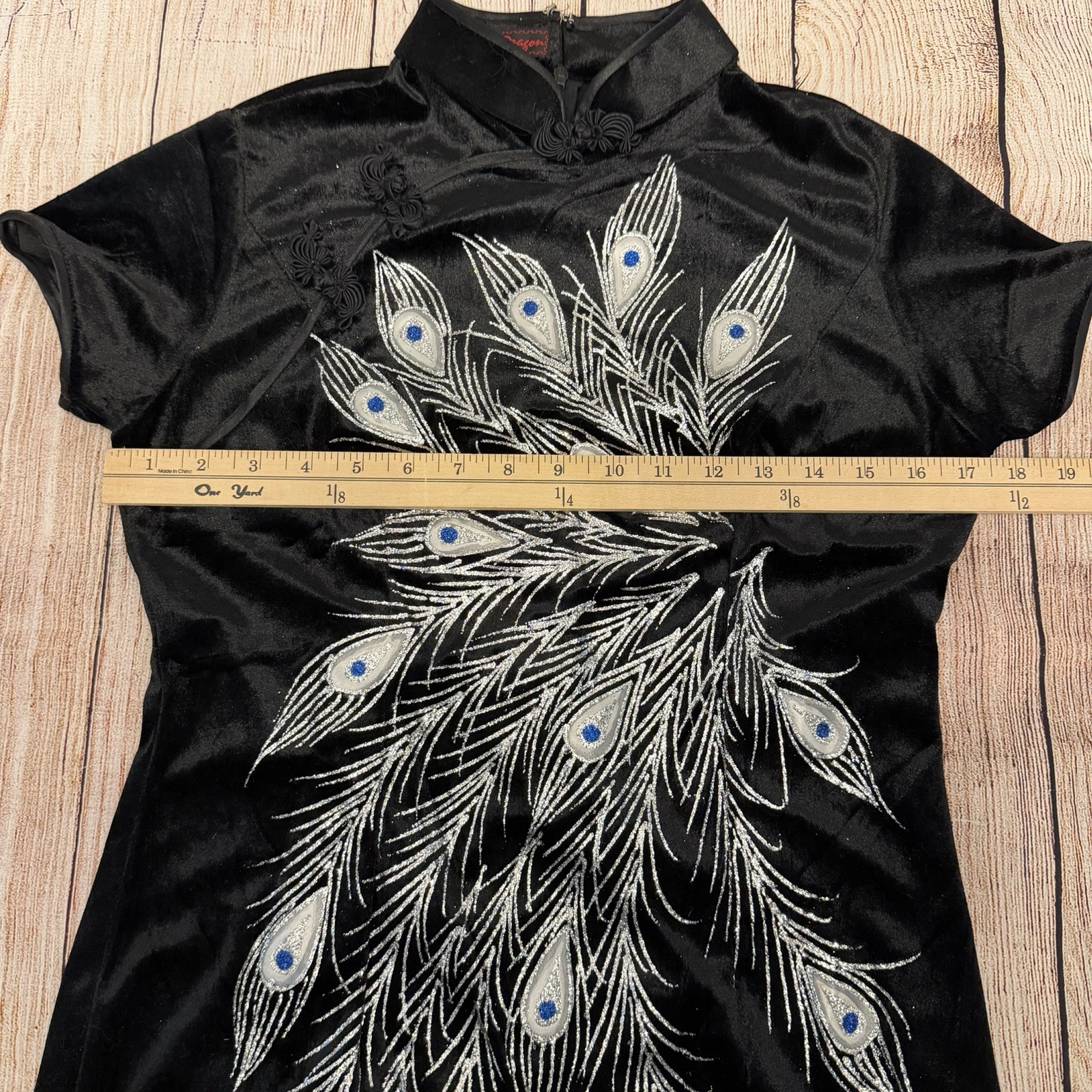 Traditional Chinese Cheongsam Qipao Dress Large Peacock Tail Black Velvet