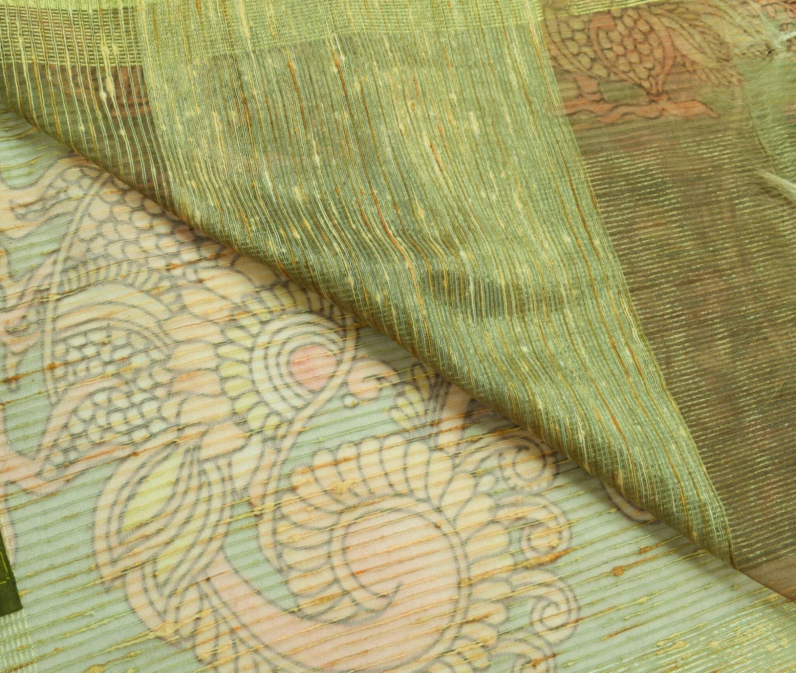 Sushila Vintage Green Silk Saree Kalamkari Printed & Woven Peacock Sari Fabric