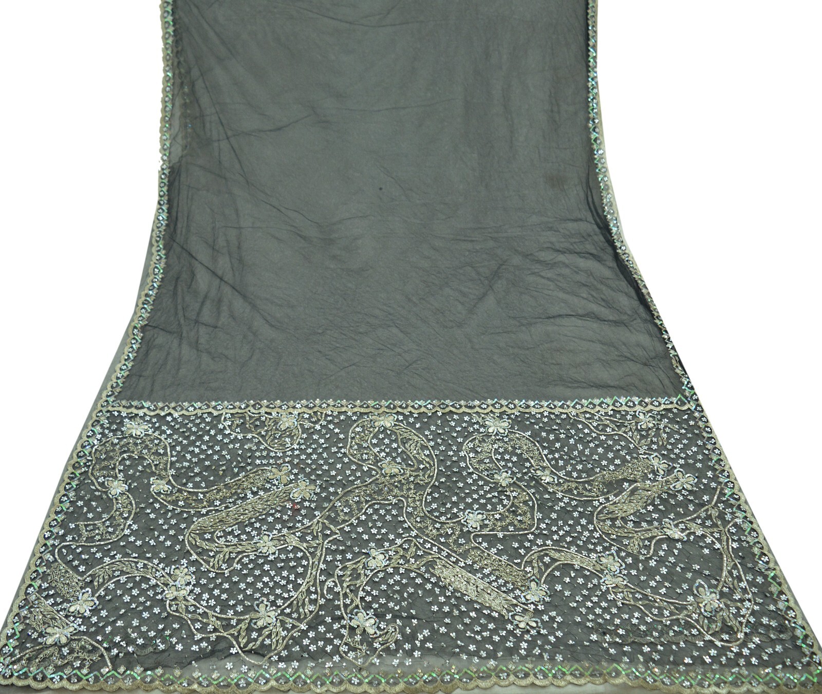 Indian Vintage Black Sarees Net/Mesh Hand Embroidered Sari Fabric 5Yd Ethnic