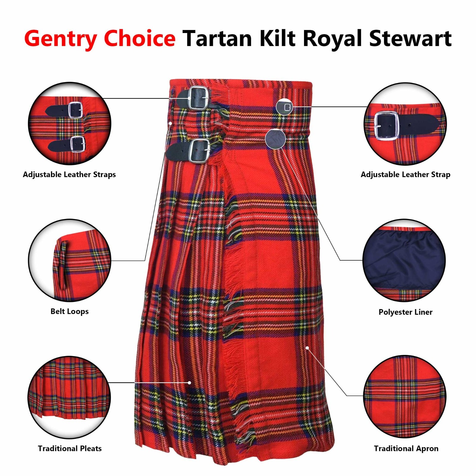 Mens Scottish Traditional Tartan Kilt Royal Stewart 8 Yards Highlanders Outfit