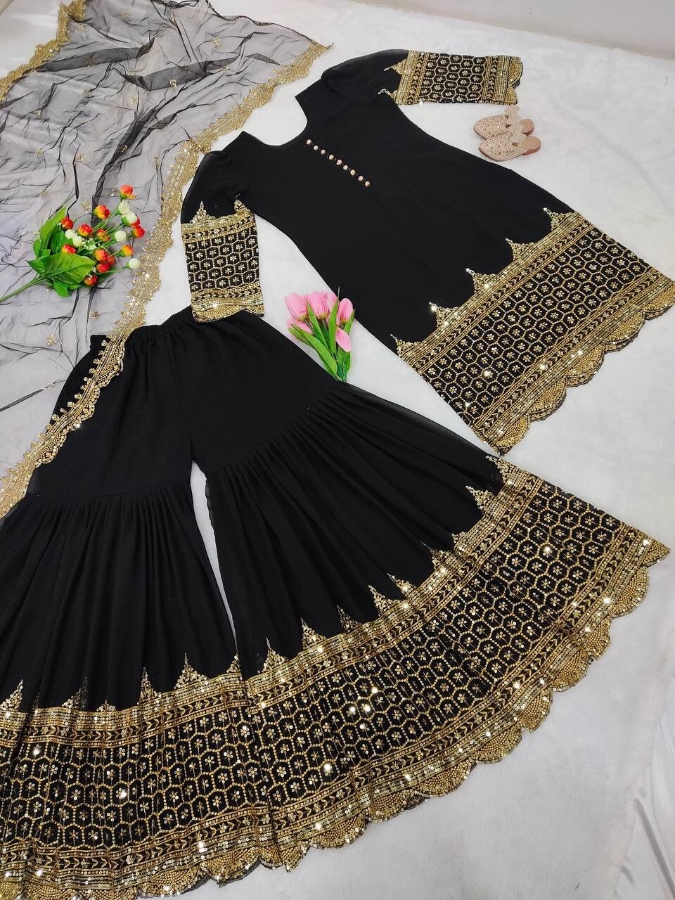 Latest Black Faux Georgette Top Palazzo With Heavy Net Dupatta For Women Wear