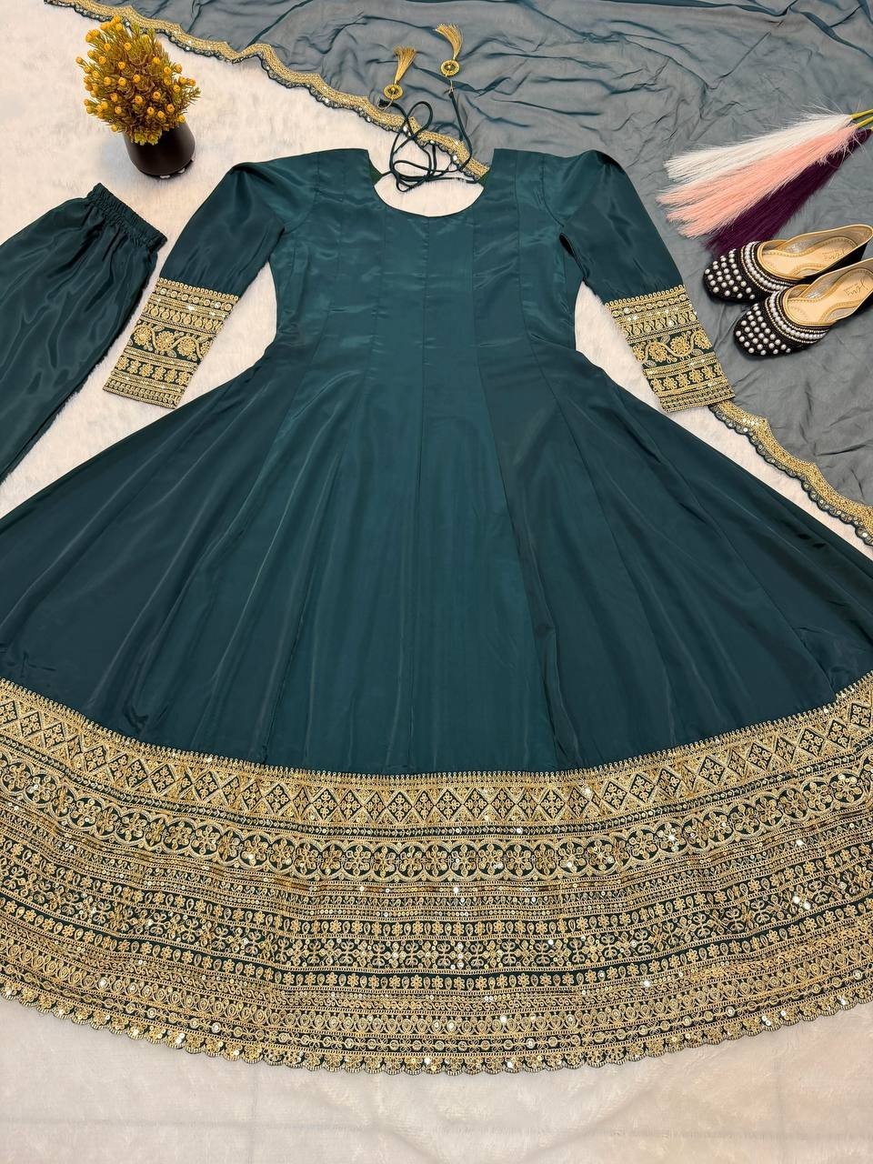 New Launching Natural Crep Silk Green Gown Bottom With Dupatta For Wedding