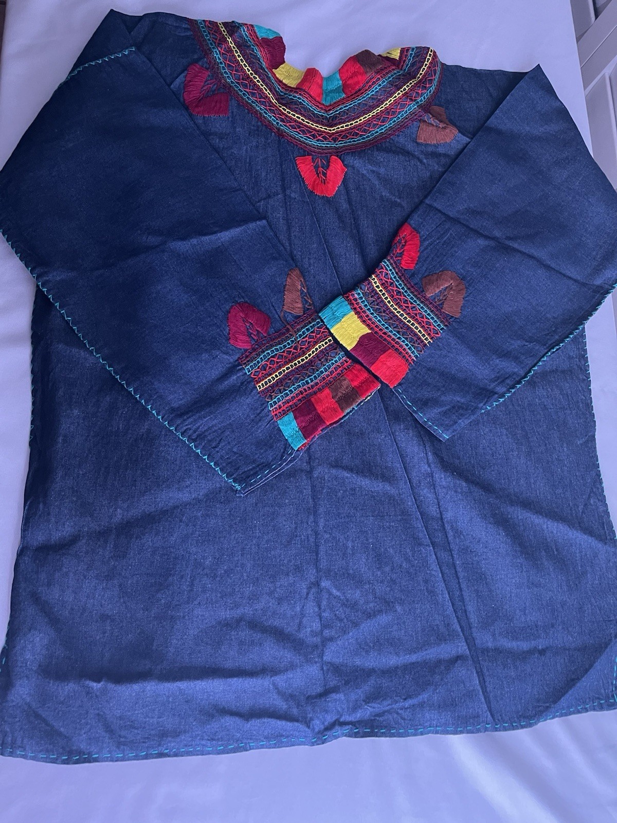 Women’s Blue Embroidered Denim Cotton Huipil Tunic Top, handmade Medium